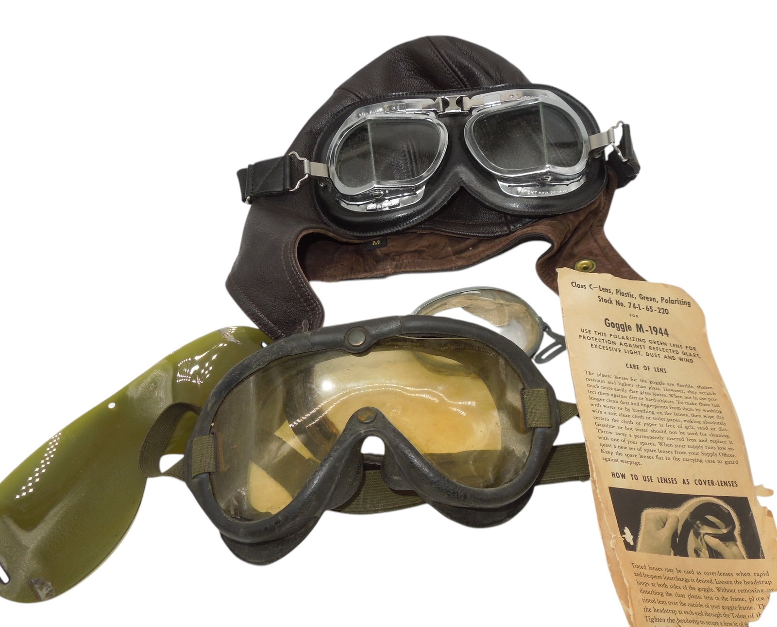 WWII - Modern Flight Helmet & Goggles Lot: Lot of items as shown. The flight helmet and goggles appear to be modern made, and the other parts are WWII - Vietnam era.