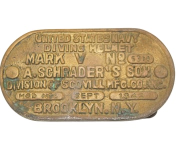 WWII US Navy Mark V Diving Helmet 1942 Data Plate Belt Buckle