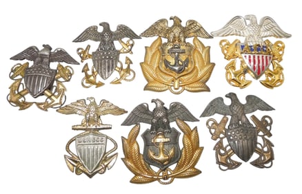 Lot (7) WWII US Navy & Merchant Marine Officer Cap Badges