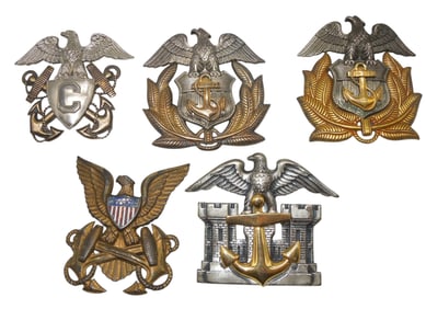 Lot (5) WWII US Merchant Marine & Army Transport Service Officer Cap Badges