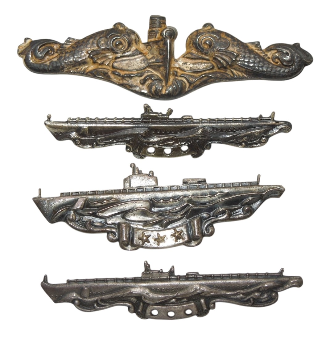 Lot (4) WWII - Korean War US Navy Submarine Patrol Badges: Large lot of insignia as shown. Some are sterling or maker marked on the back.