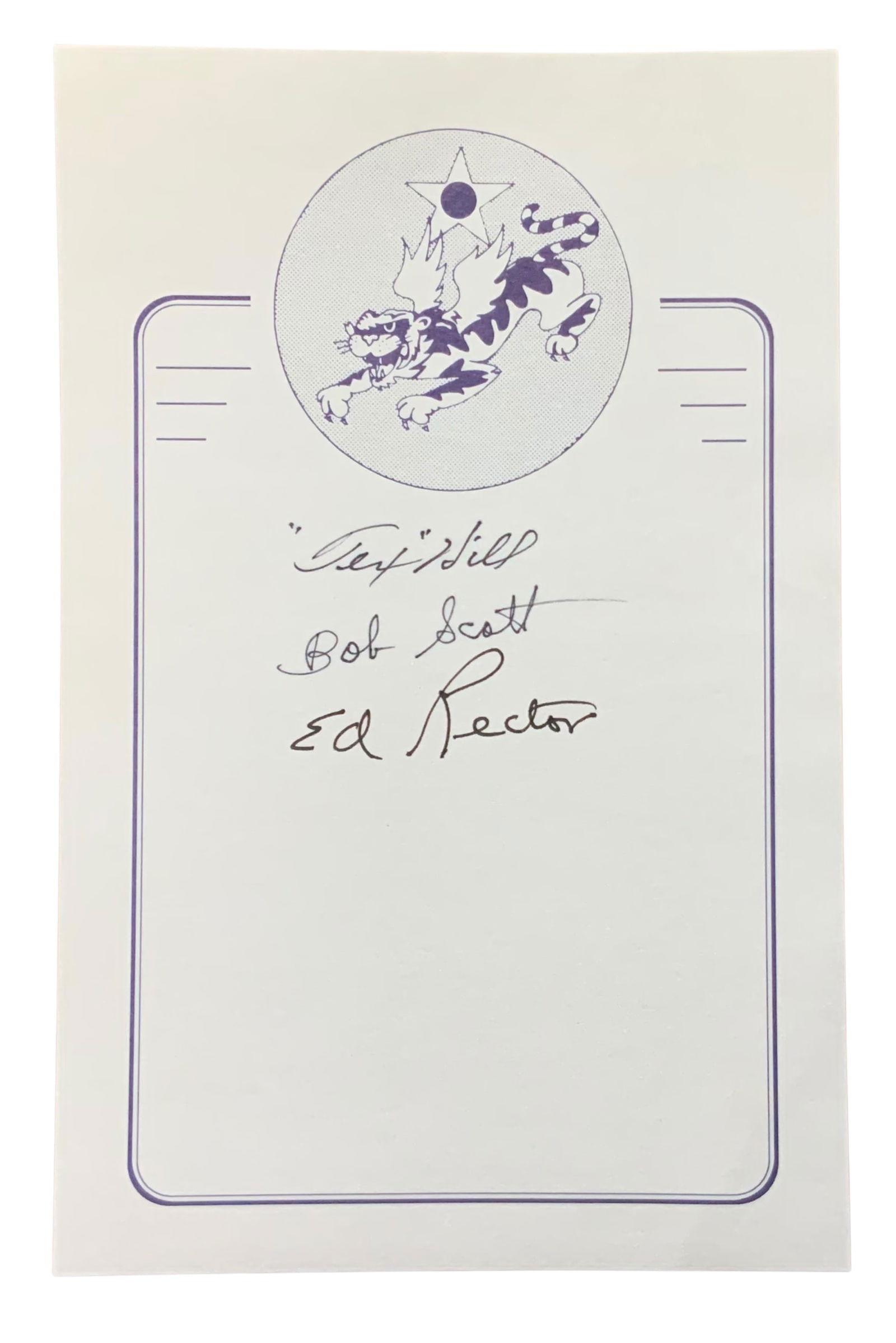 WWII Flying Tigers AVG Signed Signatures Hill, Scott, Rector Book Plate: The signatures include Tex Hill, Bob Scott and Ed Rector. David Lee Tex Hill (July 13, 1915-October 11, 2007) was an American fighter pilot and triple flying ace. He is credited with 12 plus victories