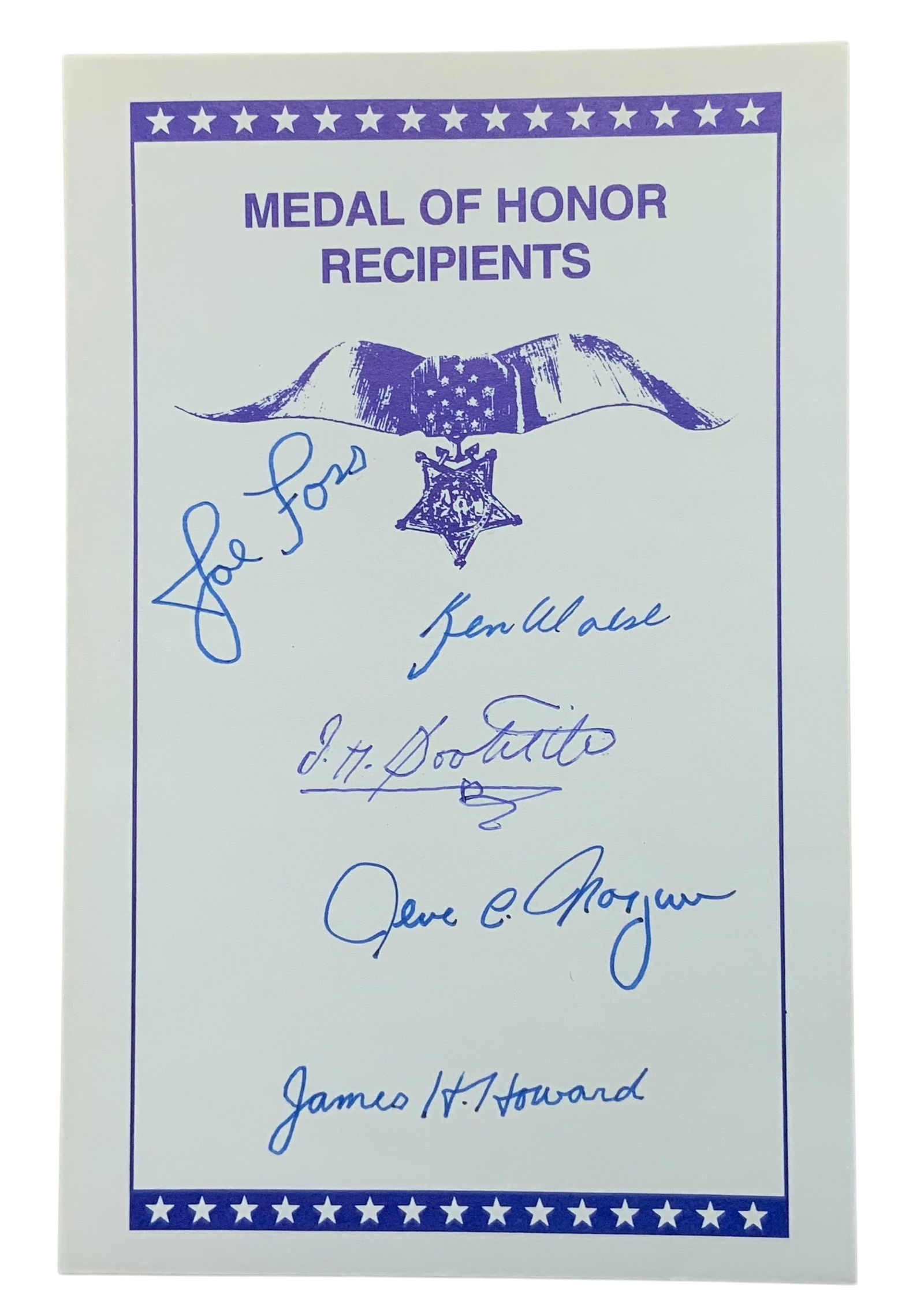 WWII Medal of Honor MOH Foss Doolittle Walsh Howard Morgan Signed Book Plate: The Medal of Honor Recipients on this book plate include: Joe Foss, Jimmie Doolittle, Ken Walsh, John C. Morgan, and James H. Howard. From what we understand from the consignor, these Medal of Honor R