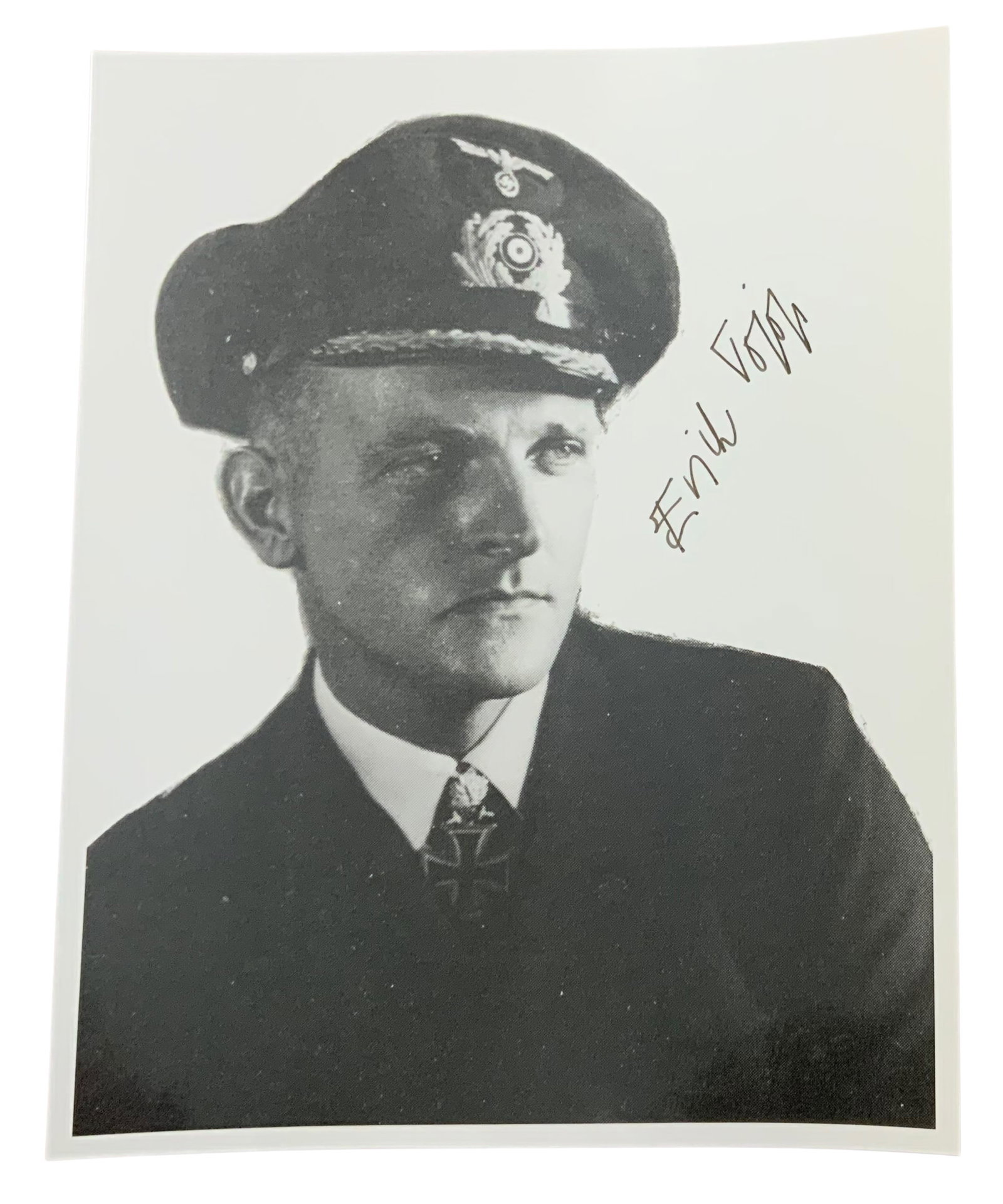 WWII German U-Boat Commander Erich Topp Signed Photo Knights Cross: Erich Topp (2 July 1914-26 December 2005) was a German U-Boat commander of WWII. He was a recipient of the Knights Cross of the Iron Cross with Oak Leaves and Swords of Nazi Germany. He sank 35 ships.