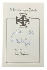 WWII German Luftwaffe Aces Rall, Galland & Krupinski Knights Cross Signed Book Plate