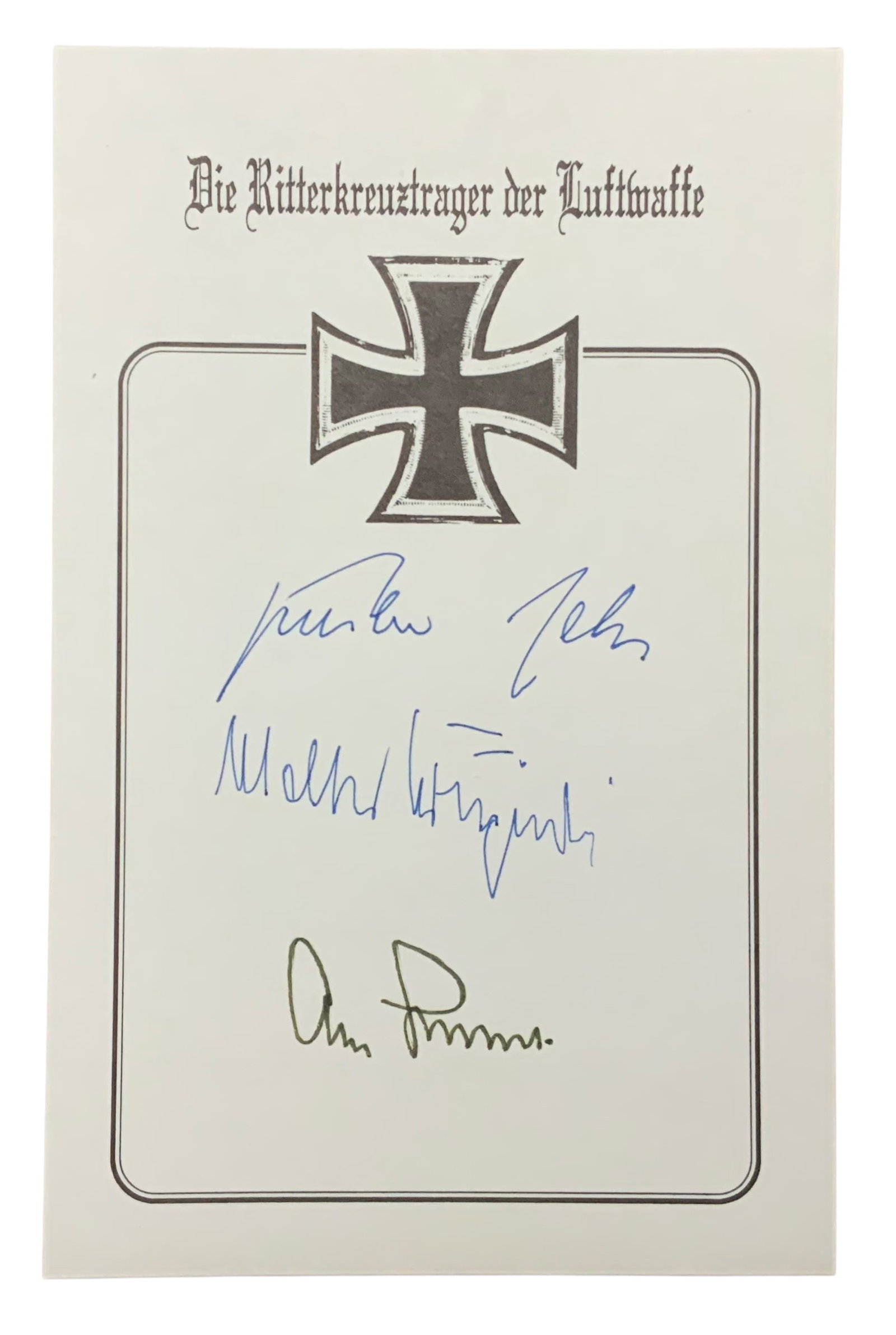 WWII German Luftwaffe Aces Rall, Galland & Krupinski Knights Cross Signed Book Plate: Günther Rall, (March 10, 1918-October 4, 2009), German WWII combat pilot, the third highest scoring fighter ace in history. He flew more than 600 combat missions, scored 275 victories (mostly against