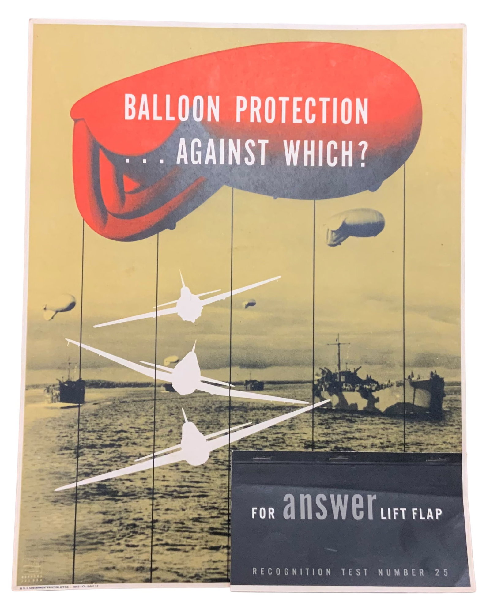 WWII Aircraft Fighters F6F Hellcat, FM-2 Wildcat & Japanese Judy Recognition Poster: WWII 1945 Aircraft Recognition Poster titled Balloon Protection…Against Which? The poster features Grumman F6F Hellcat, FM-2 Wildcat & Japanese Judy Poster. This was a Bureau of Naval Personal Train