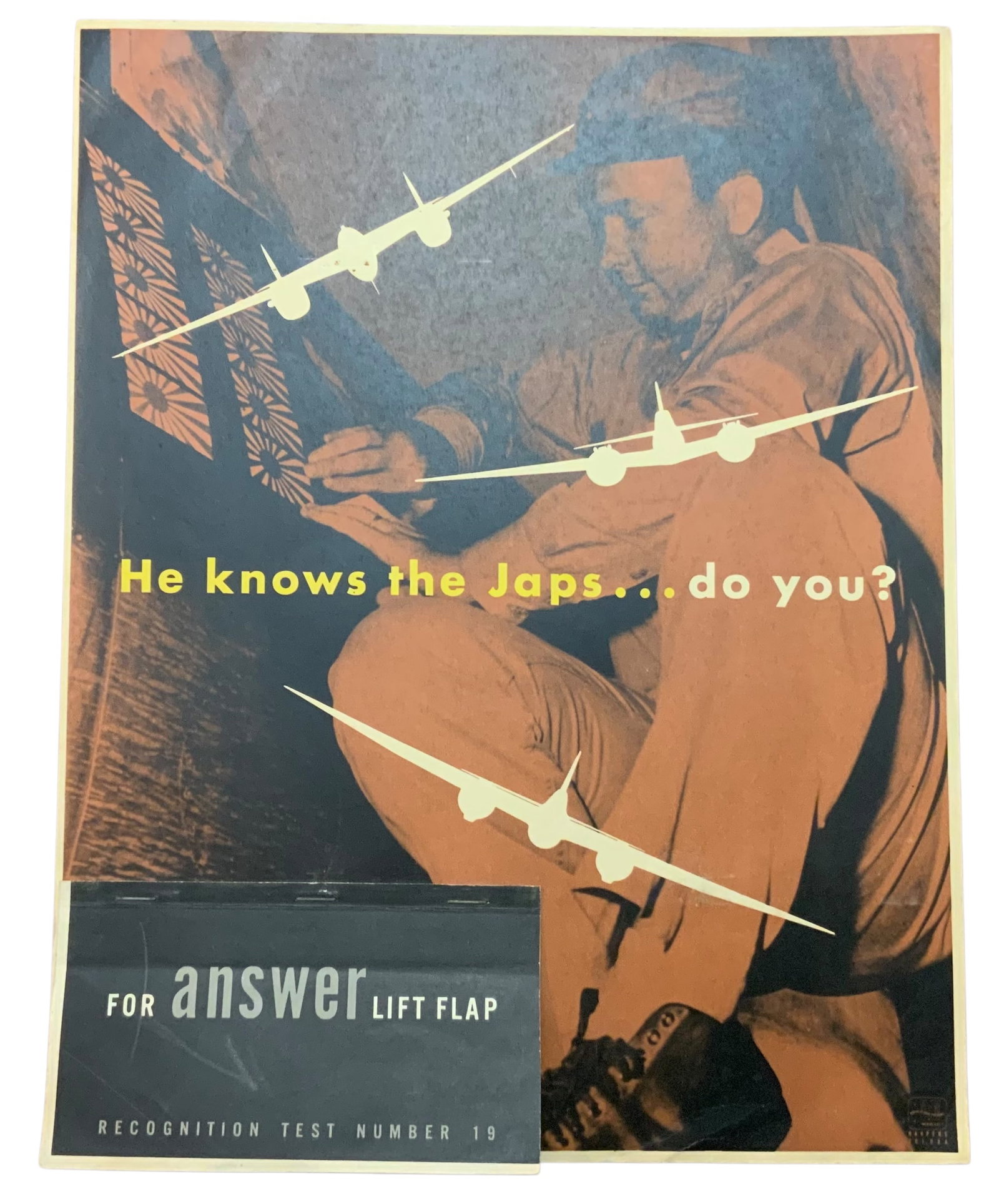 WWII Aircraft Bomber Japanese Frances, Irving & P-38 Lightening Recognition Poster: WWII 1945 Aircraft Recognition Poster titled He knows the Japs…do you?. The poster features Bomber Japanese Frances, Night Fighter Japanese Irving & Fighter Lockheed P-38 Lightening. This was a Bure