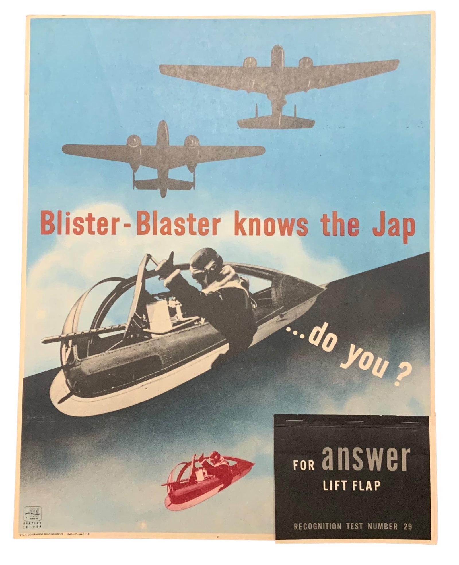 WWII Aircraft Bomber Japanese Nell & Northern American B-25 Mitchell Recognition Poster: WWII 1945 Aircraft Recognition Poster titled Blister Blaster Knows the Jap…do you?. The poster features Bombers Japanese Nell & Northern American B-25 Mitchell. This was a Bureau of Naval Personal T