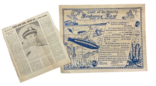 WWII 1940 USS Seawolf (SS-197) Submarine Neptunus Rex Certificate