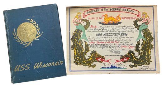 USN Korean War Battleship USS Wisconsin Unit History Book & Golden Dragon Certificate Group