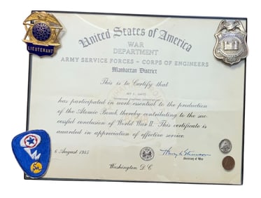WWII Manhattan Project Engineer Corps Atomic Bomb Pins, Badges, Certificate Patch Group