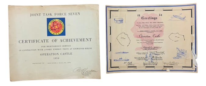 US Navy 1954 Operation Castle Atomic Test & Joint Task Force Seven Named Certificates