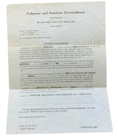 1936 Navy Destroyer USS Hatfield Subpoena & Summons Extraordinary Crossing Equator Document