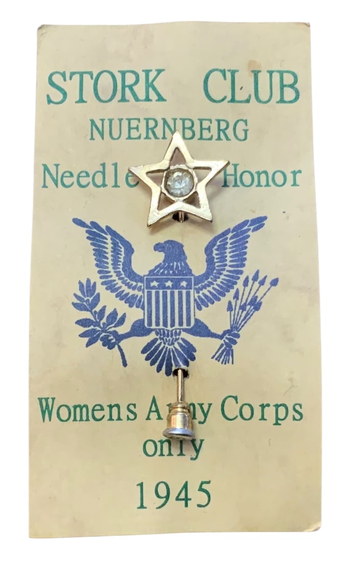 WWII 1945 Stork Club Nuremberg Women’s Army Corps WAC War Crimes Pin: WWII 1945 Stork Club Nuremberg Women’s Army Corps Pin. Needle of Honor Membership Card and Pin. Excellent unused condition. Approximate size of the pin is 2 inches.
