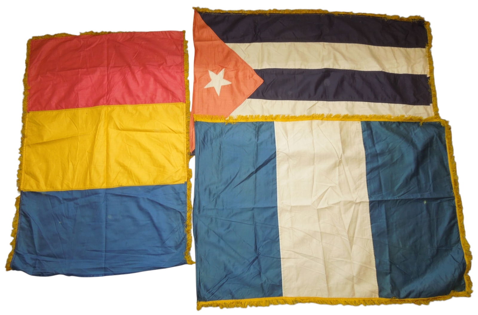 Lot (3) World Flags Guatemala Cuba Belgium: Lot of three flags with fringe. Scale shown in the last photo. Good but used condition.