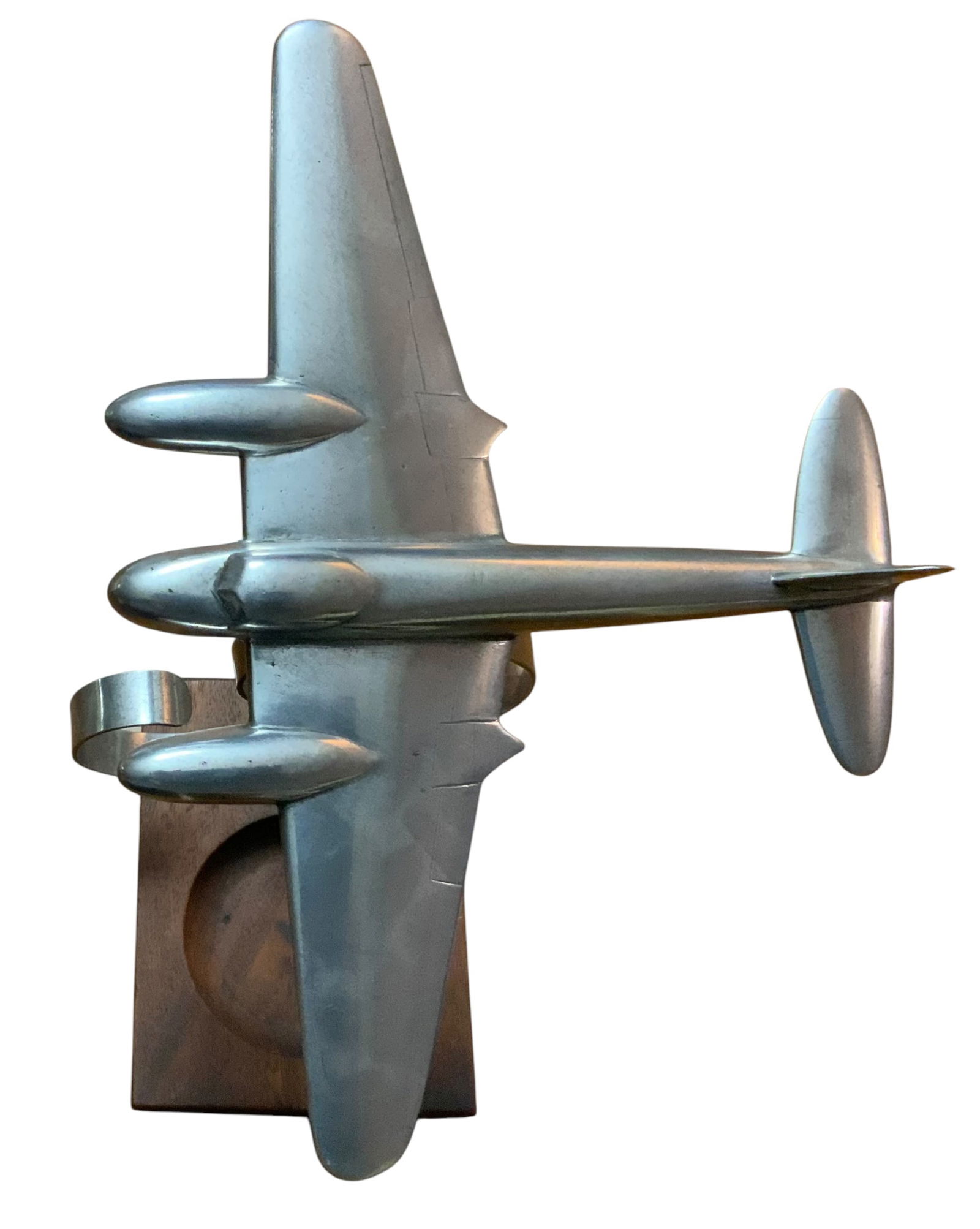 WWII Royal Air Force RAF Fighter Bomber de Havilland DH.98 Mosquito Model Aircraft: WWII RAF de Havilland DH.98 Mosquito Model Fighter Bomber Aircraft. The aircraft itself is made of medal and the base is wood. Approximate size is 6.5 x 8.25 x 6 inches. Good condition for its age.