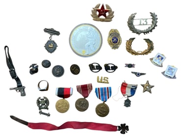 WWII- Post War Medals, Collar Insignia, Badges, Sweetheart Pin, Coin Medal, plus more Lot