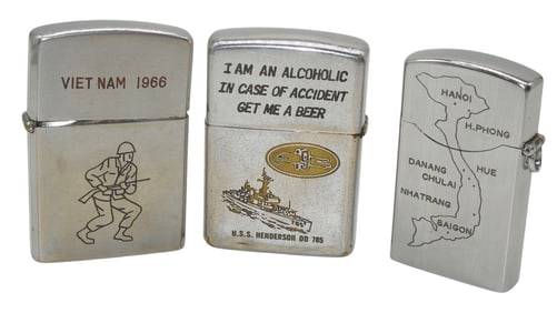 Lot (3) Vietnam US Military Engraved Lighters Chulai Saigon USS Henderson