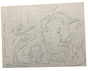 1996 Disney Dumbo Pencil Concept Color Drawing Animator Len Smith Signed