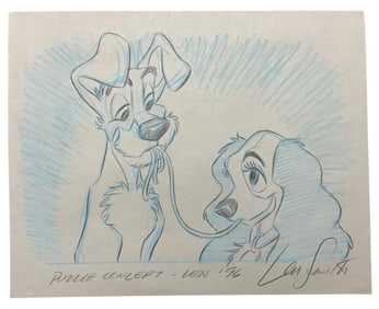 Disney Lady and the Tramp Pencil Concept Color Drawing Animator Len Smith Signed #2