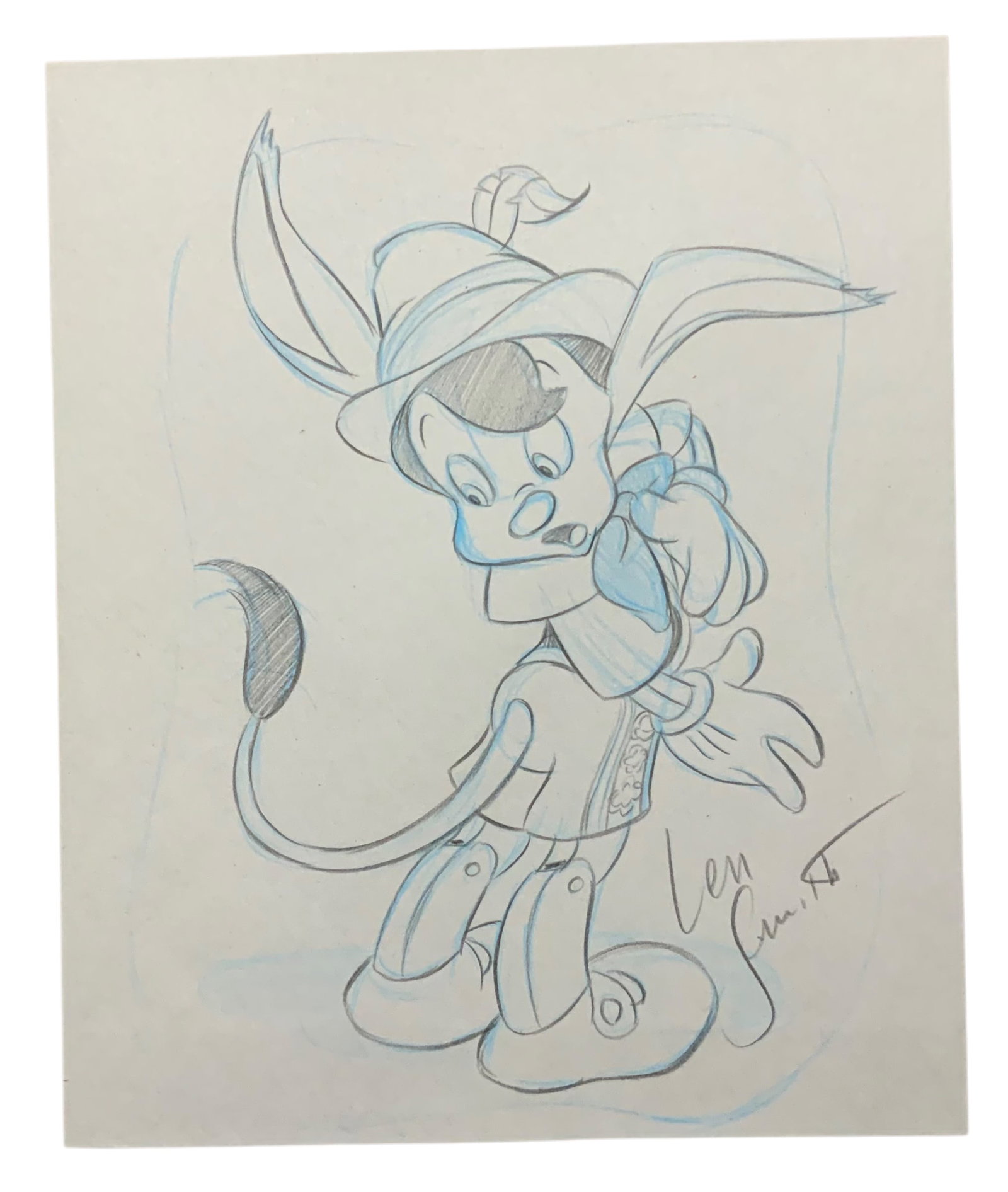Disney Pinocchio Pencil Concept Color Drawing Animator Len Smith Signed: Disney Pinocchio Pencil Concept Color Drawing. Drawn and hand signed by cartoon Illustrator Len Smith. A certificate of authenticity does not accompany this piece. The piece measures approximately 11 