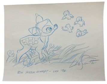 1996 Disney Bambi Pencil Concept Color Drawing Animator Len Smith Signed