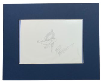 Friz Freleng Cartoon Animator Matted Drawn Daffy Duck & Signed Card