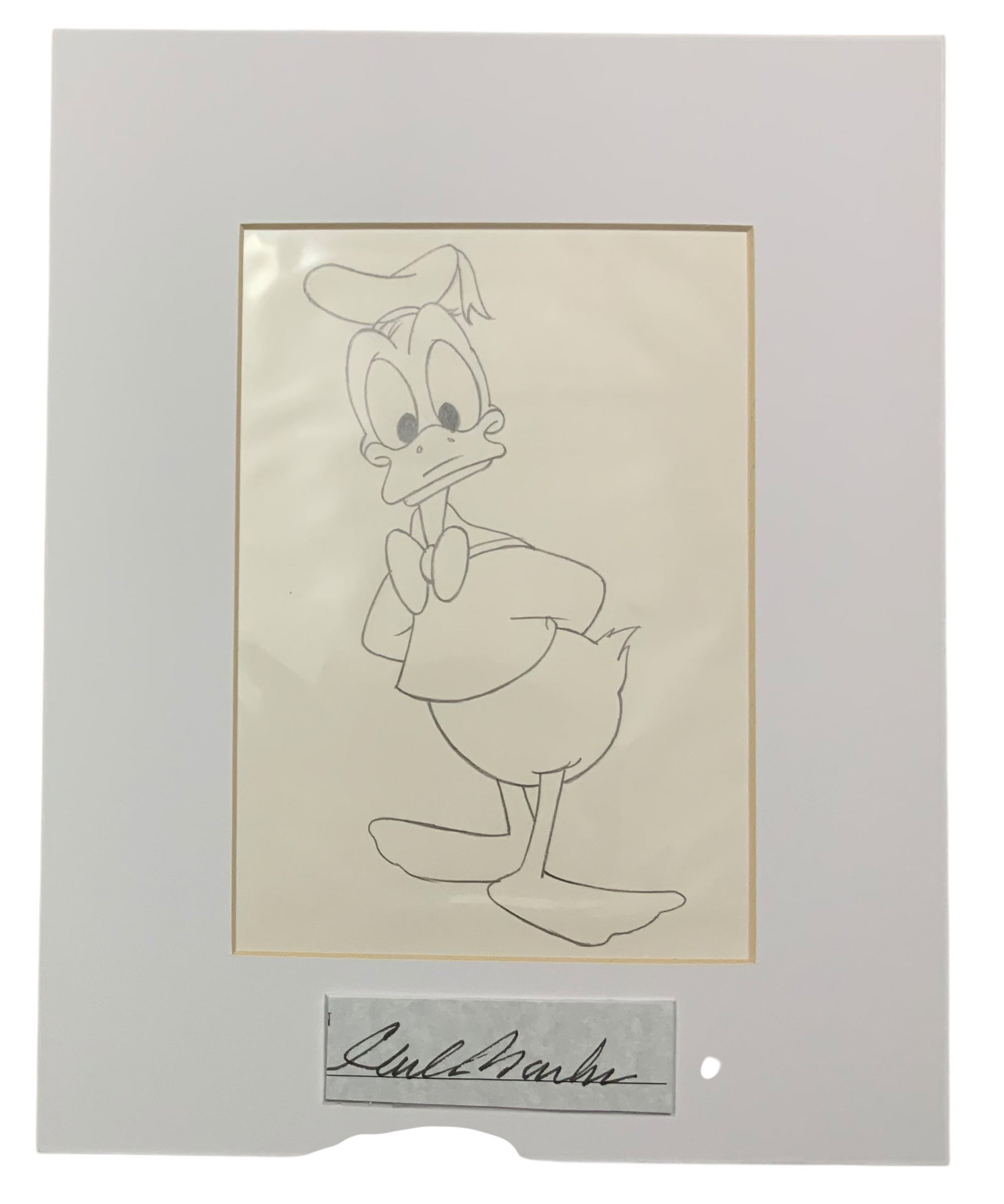 Disney Donald Duck Matted Pencil Concept Sketch Animator Cartoon Illustrator Carl Barks: Disney Donald Duck Matted Pencil Concept Drawing. Animator Cartoon Illustrator Carl Barks cut signature adhered to the frame. This piece is how it came from the consignor; who mentioned they bought se
