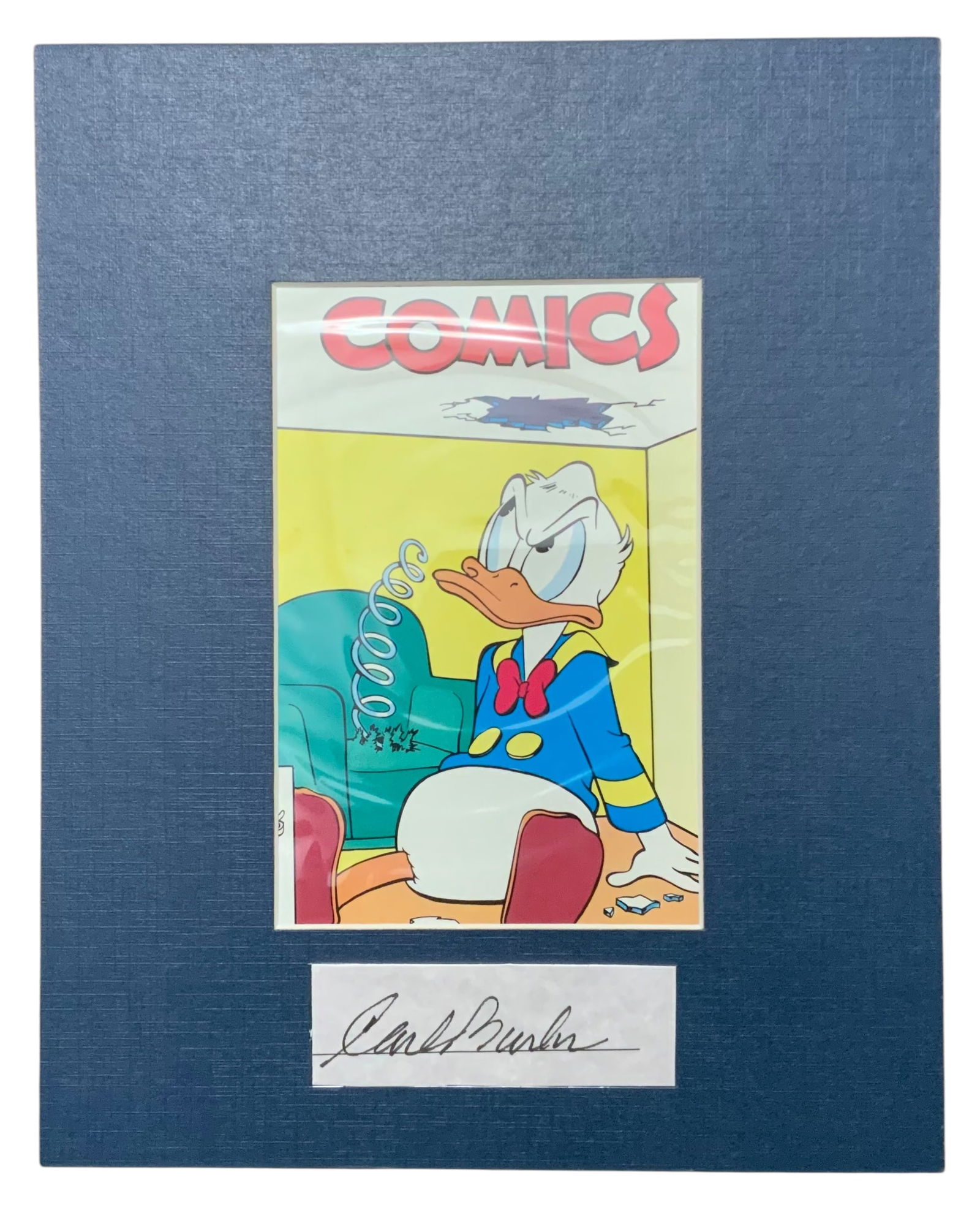 Disney Donald Duck Matted Print Cartoon Animator Carl Barks Signed: Disney Donald Duck Matted Print. Animator Cartoon Illustrator Carl Barks cut signature adhered to the frame. This piece is how it came from the consignor; who mentioned they bought several pieces of B