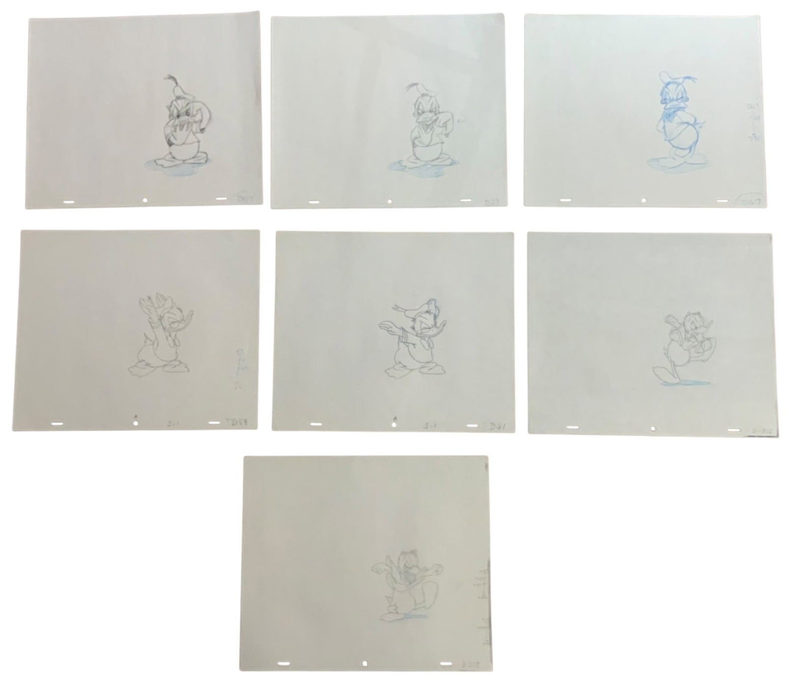 Disney Angry Donald Duck Production Animation Color Pencil Drawings Lot (7) Carl Barks (?): Disney Angry Donald Duck Production Animation Color Pencil Drawings. Lot of (7). These pictures have color. The artist is unknown with no signature on any piece, even though these pieces came from a c