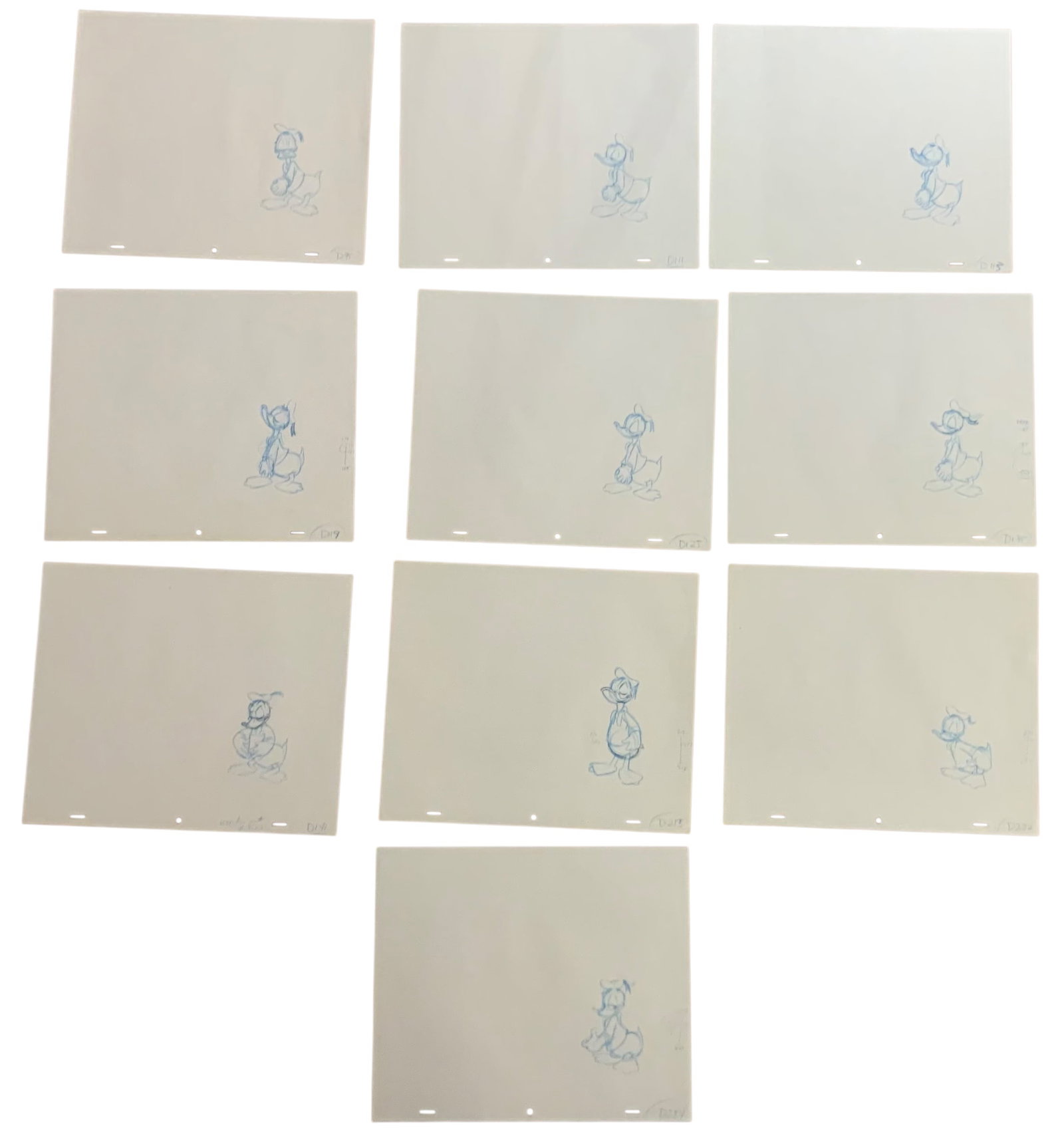 Disney Lovable Donald Duck Production Animation Color Pencil Drawings Lot (10) Carl Barks (?): Disney Lovable Donald Duck Production Animation Color Pencil Drawings. Lot of (10). These pictures have color. The artist is unknown with no signature on any piece, even though these pieces came from 