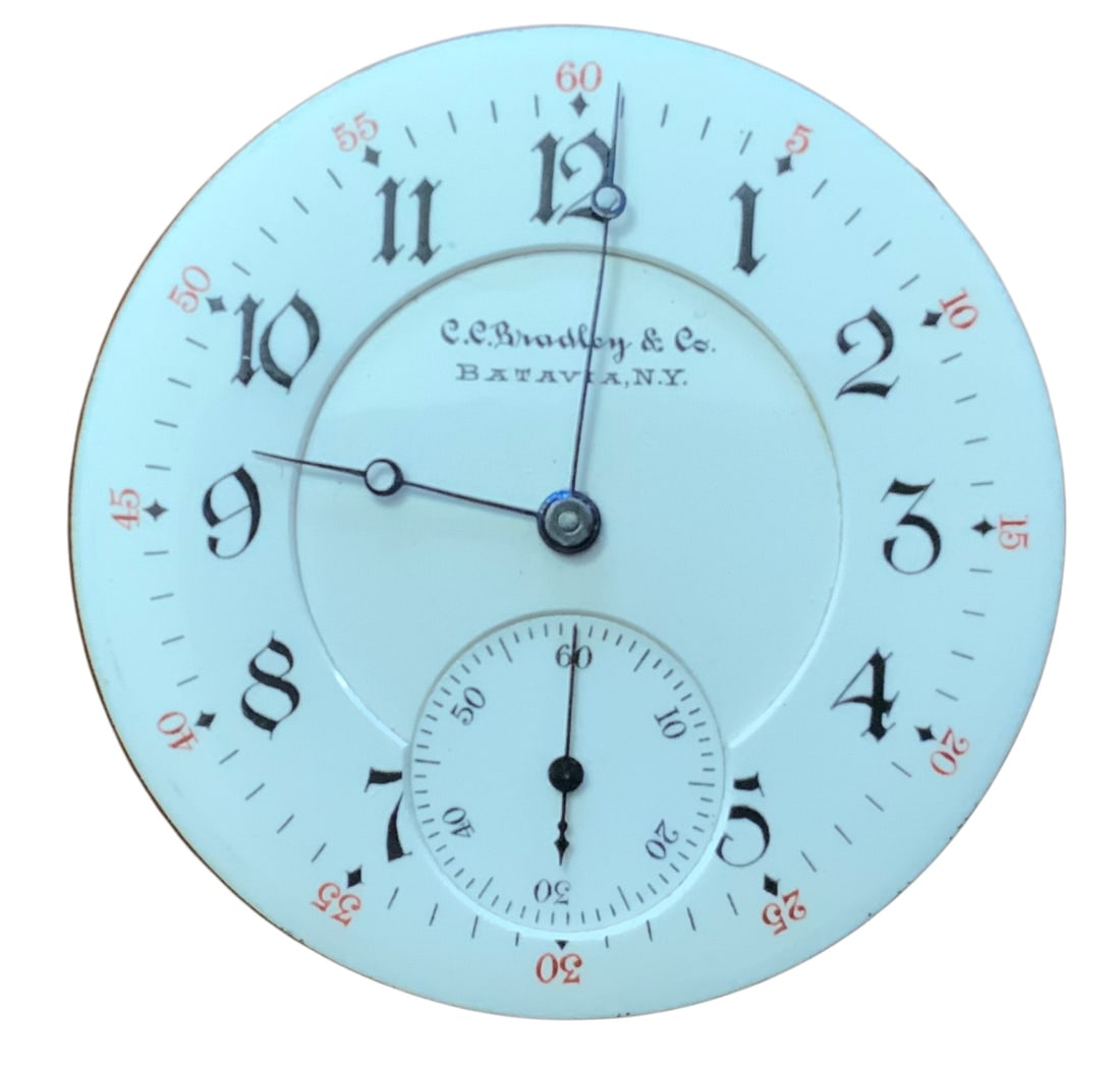 C.C. Bradley & Co. Batavia New York Pocket Watch Movement (1301095) & Dial: C.C. Bradley & Co. Batavia New York Pocket Watch Movement (1301095) & Dial for parts or repair. 17 jewels. Gilt finish. The working condition has not been checked. This piece may need service due to t