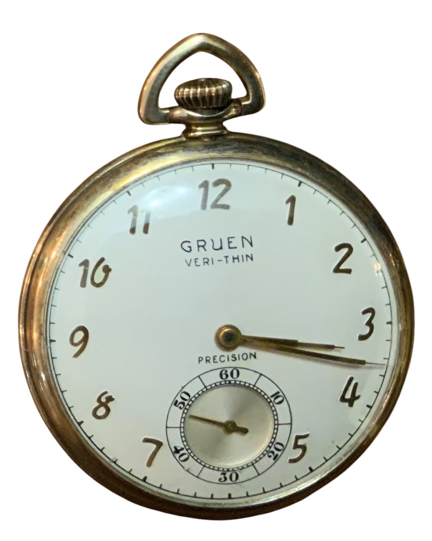 1940s Gruen Watch Co. Precision Veri-Thin (n) Swiss Made Pocket Watch 10k GF: 1940s Gruen Watch Co. Precision Veri-Thin (4-142336). Swiss Made Pocket Watch. 17 jewels. Gilt finish. Case cover: Wadsworth 10k gold filled (G397772 S). The working condition has not been checked. Th
