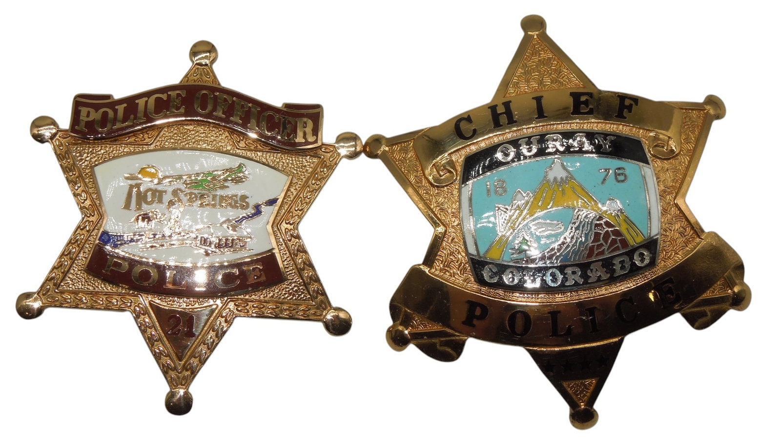 Vintage Police Badges Hot Springs, Arkansas Chief Ouray, Colorado: Both maker marked.