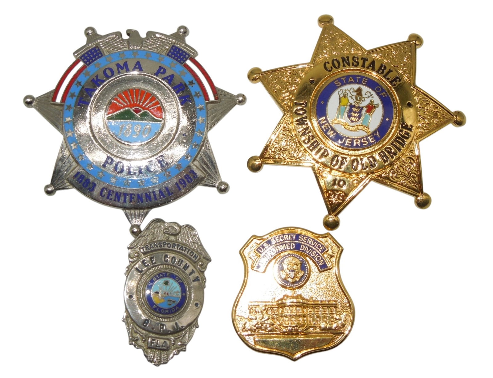 Vintage Police Badges New Jersey Constable Takoma Park Florida US Secret Service: Three are Blackinton marked, and the Lee County Florida one is missing the pin.