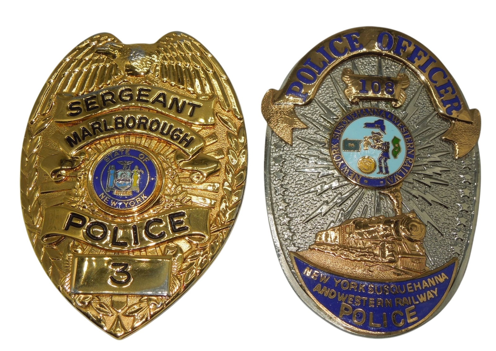 Vintage Police Badges NY Susquehanna Railway & Marlborough Sergeant: Both maker marked.