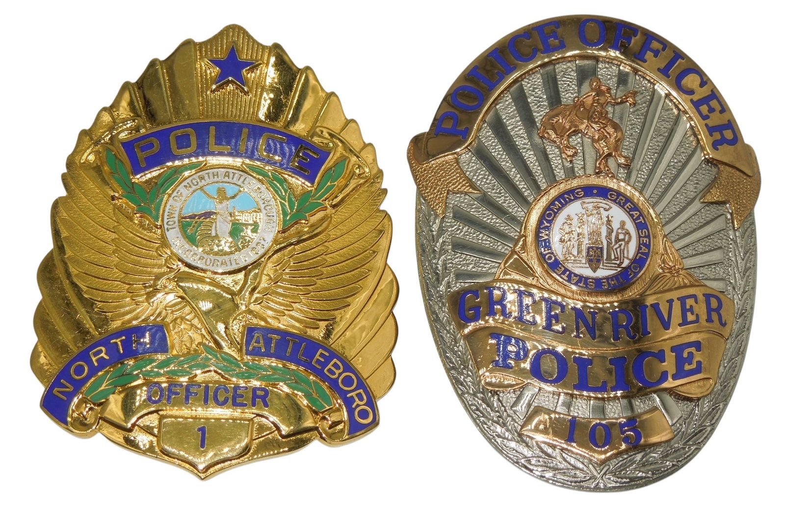 Vintage Police Badges Green River, Wyoming & North Attleboro Massachusetts: Both maker marked.