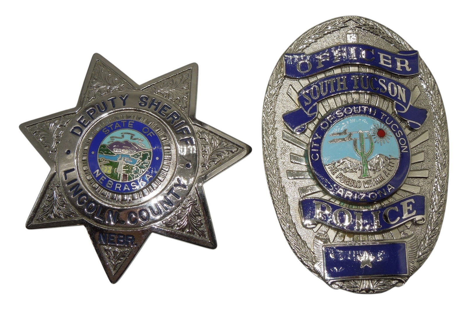 Vintage Police Badges Lincoln Co, Nebraska Sheriff & South Tucson Arizona: Both maker marked.