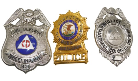 Vintage Police Badges Civil Defense Hanover, Illinois Wheeling, Matchall Co. CD