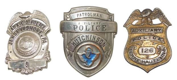 Vintage Auxiliary Police Badges Terre Haute, Indiana Hutchinson, Kansas, Jersey Shore, PA