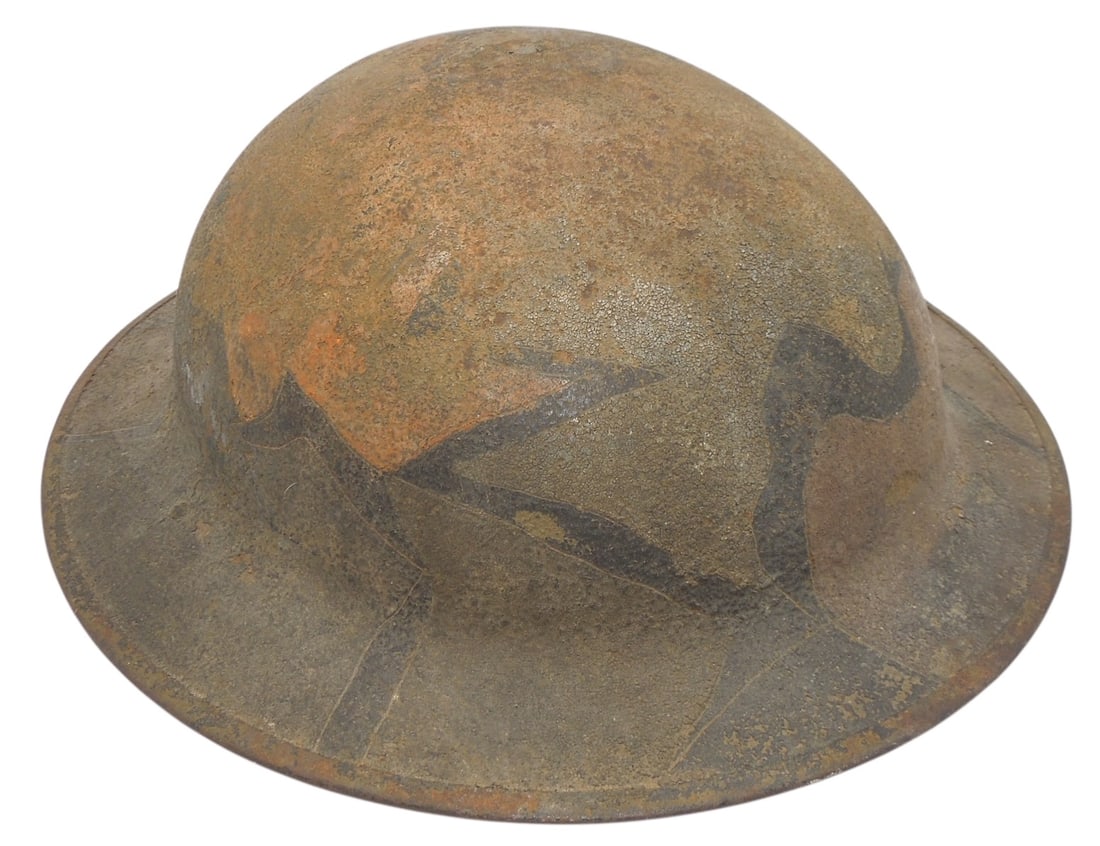 WWI US Army Camouflage Pattern Painted Doughboy Helmet: Original painted helmet from WWI. Liner and chinstrap are missing.