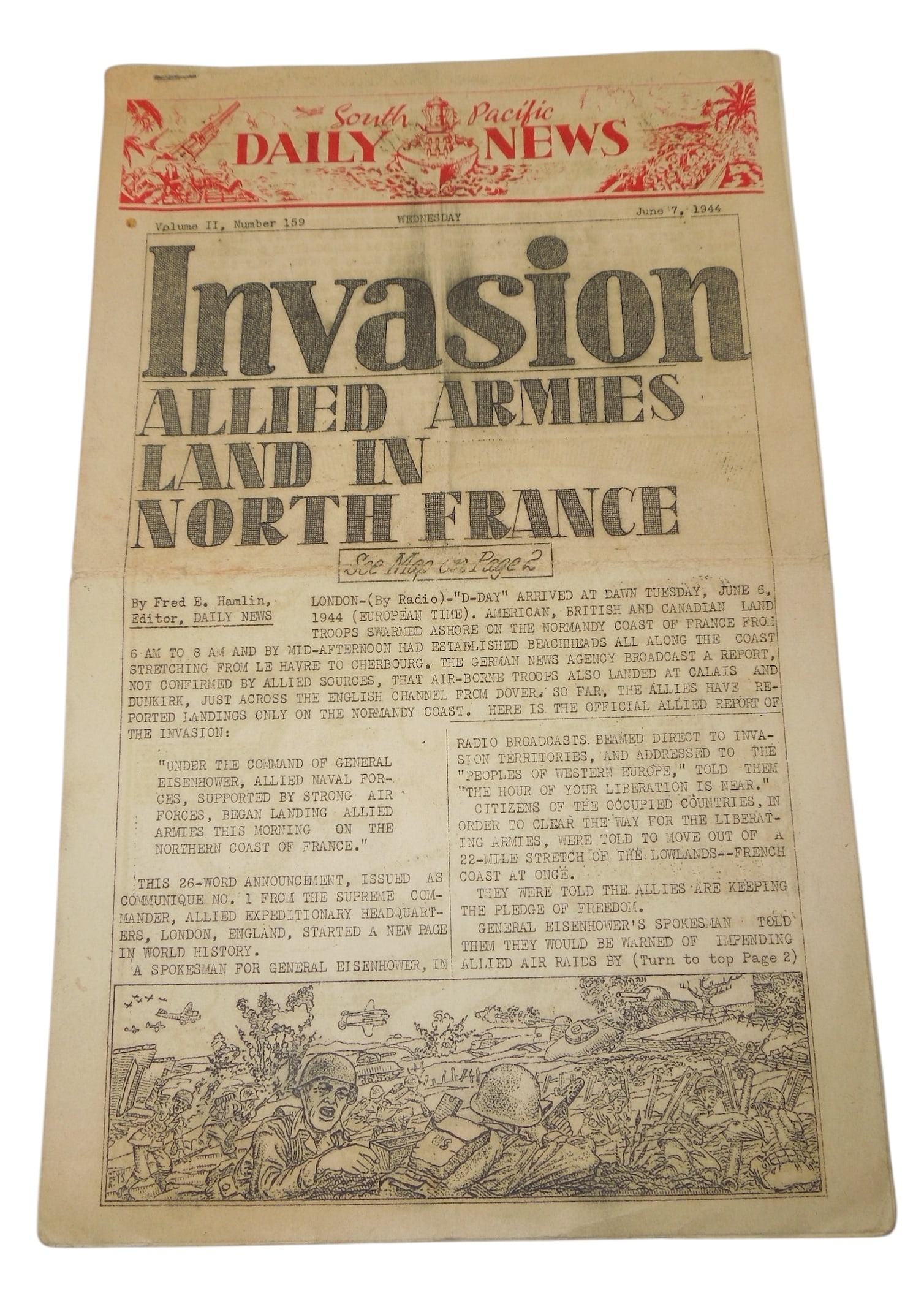 WWII June 1944 D-Day Invasion Newspaper: Original multi-page South Pacific Daily Newspaper dated June 7th, 1944 with many articles about the allied invasion of Europe.