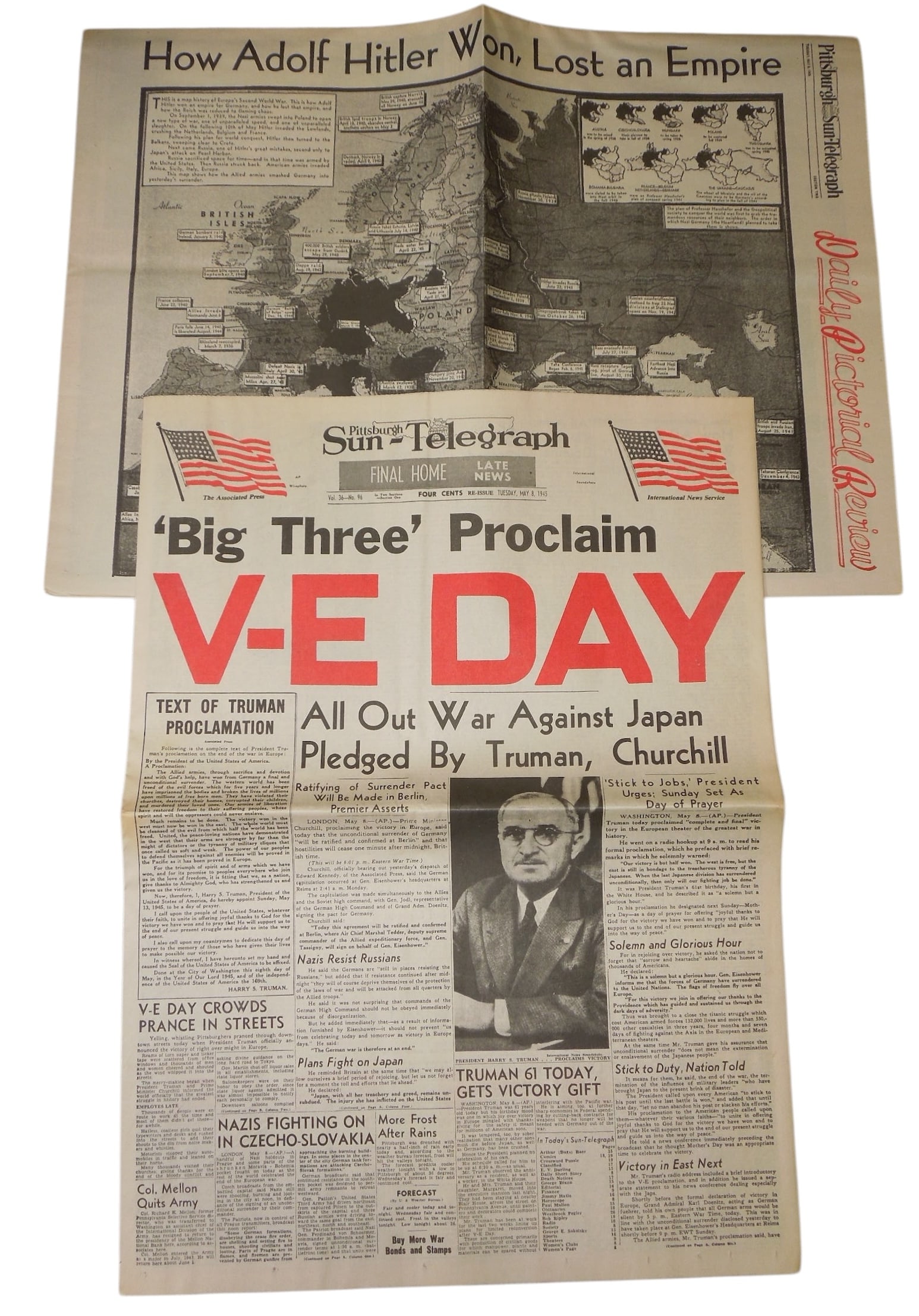 WWII Victory in Europe Day Unissued Pittsburgh Sun Telegraph Newspaper 1945: Unissued, uncirculated full newspaper.