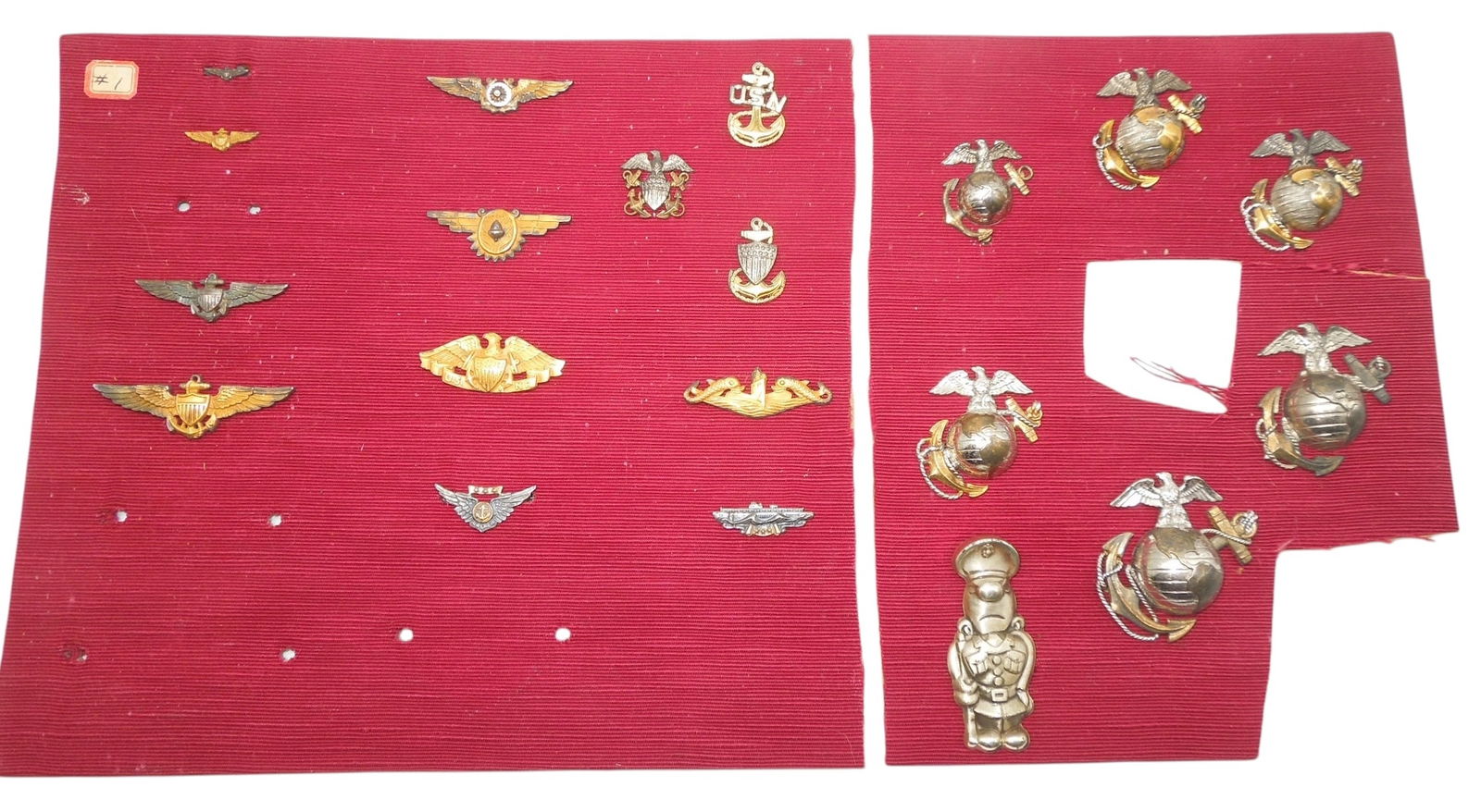 WWII US Navy & USMC Salesman Board of Wings Badges Sterling EGAS: Original Sales board of WWII - 50s era wings and insignia as shown, all removable with a handwritten reference chart. Many are sterling.