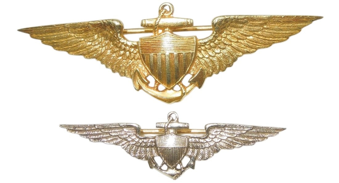 Lot (2) WWI 14K Tiffany & 10K BB&B Gold US Naval Aviator Wings One Named: Lot of two wings- One is 14K by Tiffany & Co and weighs 7.7 grams and the other is Bailey, Banks, and Biddle 10K marked weighing 3.1 grams. This one is named to A.E. Richardson, Naval Aviator number 2