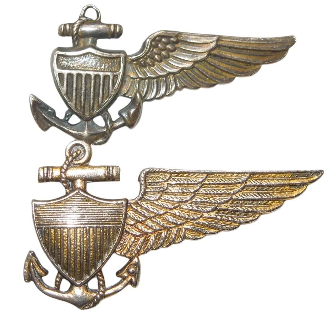 Lot (2) Pre WWII US Naval Balloon Pilot Half Wings: One made by Meyer, the other sterling marked.