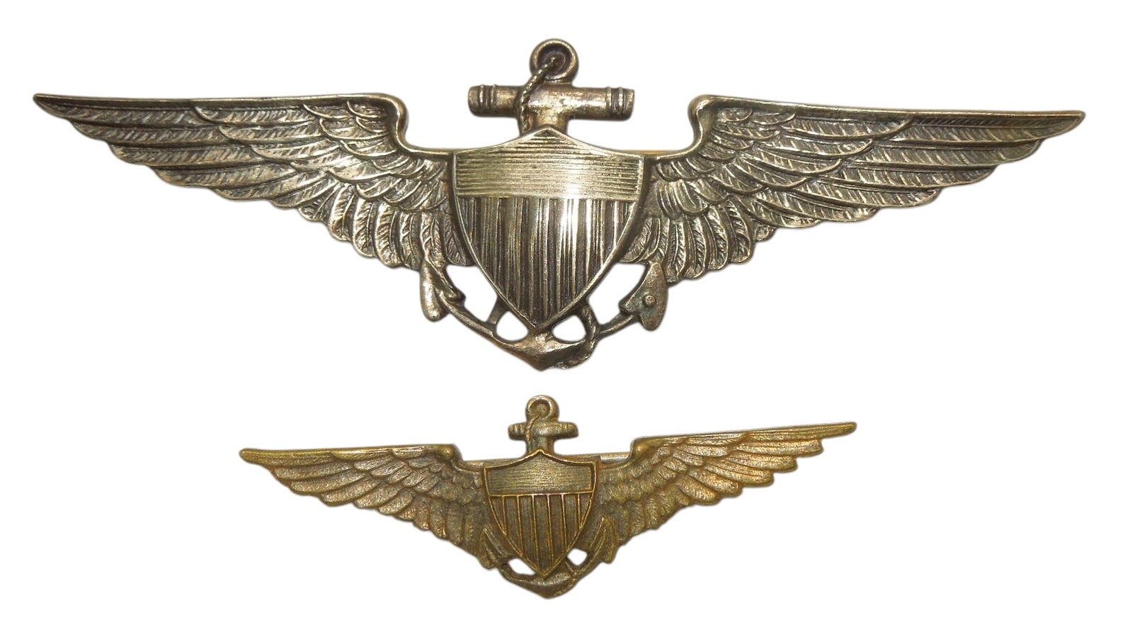 WWI - 1930s US Navy Aviator Wings Sterling Meyer & Robbins: Lot of two wings- One full sized and the other shirt sized.