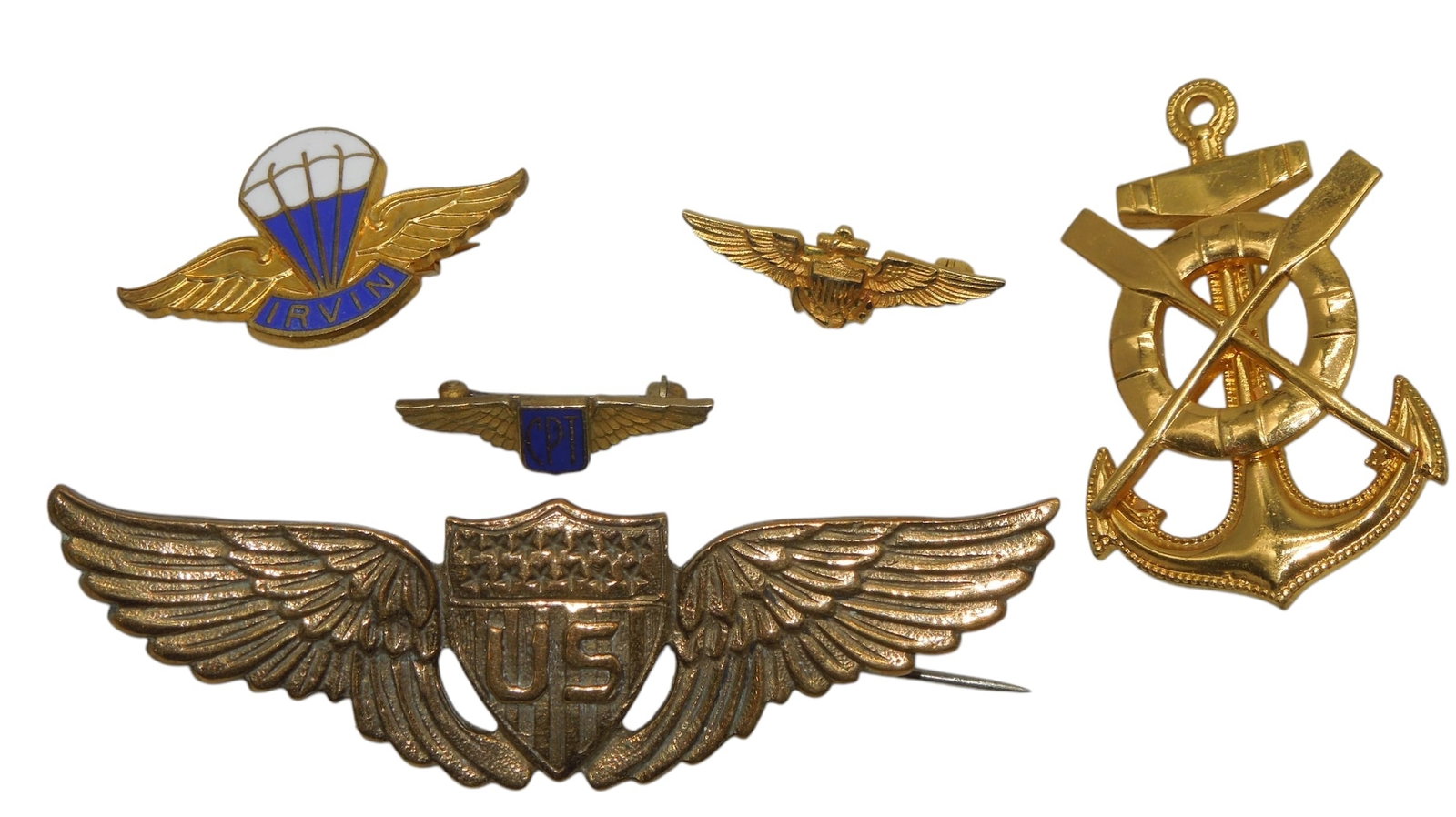 Lot WWII Irvin Parachute Wing Naval Aviator Lifesaving Service Pins: Lot of pins as shown. The large US Pilot wing apears to be a sweetheart piece.