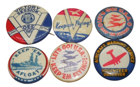 Lot (6) WWII US Military Home Front Buttons Pins Keep ‘em Flying AWS